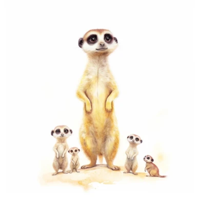 cute meerkat, standing tall on hind legs and keeping watch over its family, pastel watercolor, clipart, on a white background