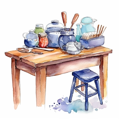 watercolour kitchen table with baking utensils, clipart on white background, no watermark, highly detailed, professional color gradation, clean sharpness