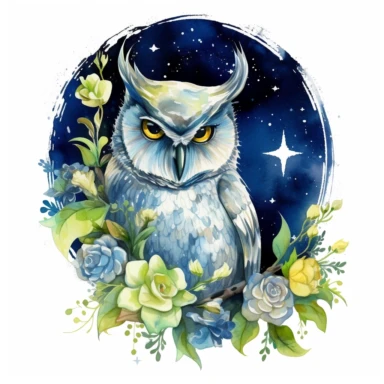 Clipart with white background: Capture the magic of nighttime by painting a floral fantasy owl under a starry sky with blooming night-blooming flowers, watercolor