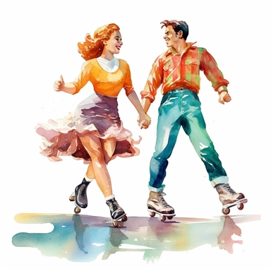 A vibrant roller skating rink, two people gliding on vintage-style roller skates to the sound of 1950s rock 'n' rol, american style, watercolor, clipart