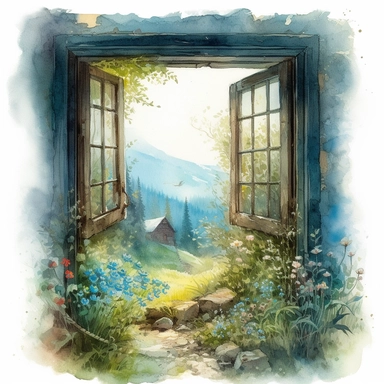 isolated on white illustration watercolor art of a rustic window from inside the house, the window shows the landscape from the garden with forget-me-nots and a road going into the mountains, moss and a lot of forget-me-nots, masterpiece by Hans Zatzka and by Alexander Jansson and by Ryohei Hase and by Brian Mashburn style, Baroque Architecture, PNG clipart, isolated on white, extreme photorealistic details, 32k HD resolution, realistic high detailization high resolution