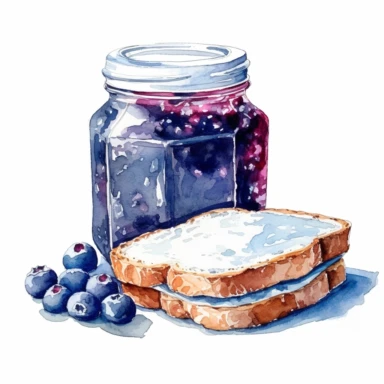 watercolor, hyper realistic, white background, white margins, 16k, ultra detailed clipart, cut out image, hand-drawn a jar of homemade jam and a slice of bread on a small plate on a kitchen table. in the style of dark white and light blue, children's book illustrations, soft watercolours, pictorial fabrics, light color