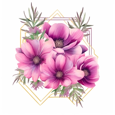 dark Magenta anemone flower bunch, watercolor, clipart, highly detailed, HD, flowers arranged in a square-shaped frame