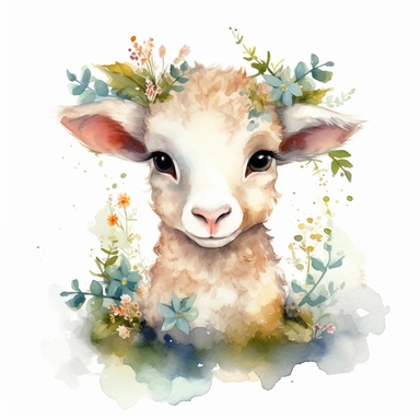 a moving baby lamb with cute big eyes, happy smiling face, cute animal, adorable, playful atitude, astrology, adorable watercolor animal clipart with a few plant and flowers decor, no background, high quality very sharp with clear focus