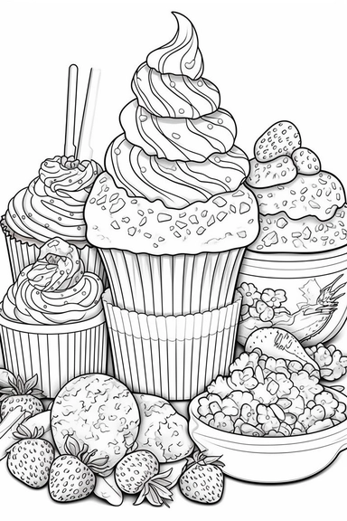 Coloring page for kids, clipart, different sorts of delicious ice cream surrounded by sprinkles and whipped cream and cookies , clean line art