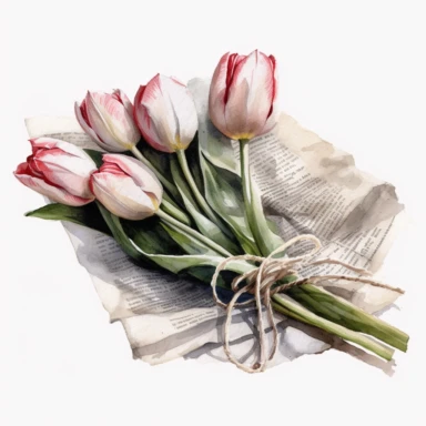 watercolor white and pink tulips wrapped in an old french newspaper, newspaper tied with string clipart, no background, 4K
