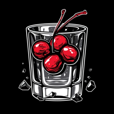 one shot glass with only 4 cherries inside and ice cubes, illustration, logo, simple design, shirt logo, stencil, clip art