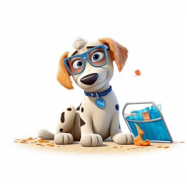 a cartoon dog lying on beach getting a tan, beach setting, full body image, pixar style, clipart, white background