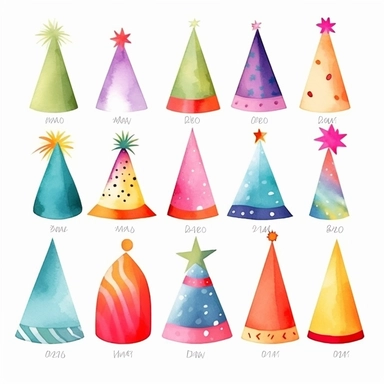 watercolor Party caps colorful cartoon birthday and carnival clipart on white background, watercolor bright high resolution