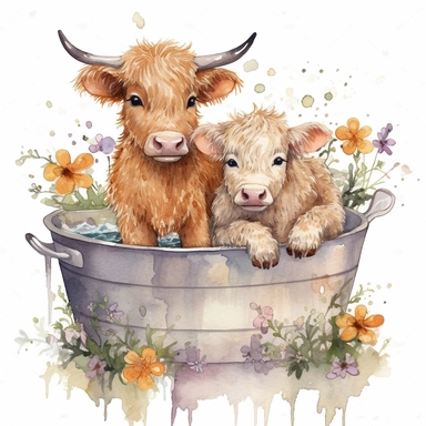 watercolor clipart of an adorable highland brown cattle calf with a cute highland white cattle calf with black eyes sitting wet in a tub filled with water and flowers, happy, smiling, sunny and warm day, hand drawn style, white background