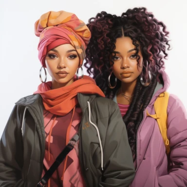 realistic illustration of two african american girls in their twenties. modern look, accesories, new look hairstyle, clothes in black and other intensive colors (for example purply, pink, turquoise, blue, yellow), clipart, isolated on white background, 4K