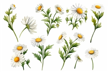 A bouquet of chamomile daisy flowers clipart set. Wildflowers for wedding invitations and greeting cards. Watercolor illustration. Realistic flower botany wallpaper, realistic,