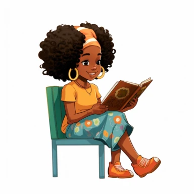 a little black girl reading, retro clothes, laughing, sittting down, disney clipart