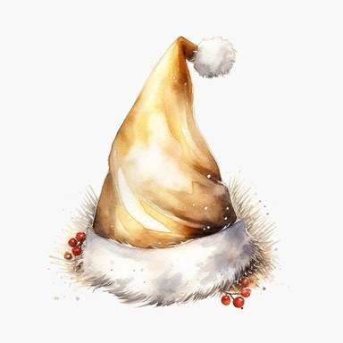 watercolor vintage realistic santa hat, clipart, gold color scheme, photorealistic, vector, on white background, hd