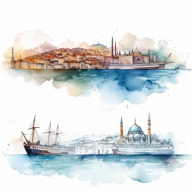 watercolor istanbul golden horn panaromic view seeing the both banks and modern time ships , illustrations clipart set, simple, , cartoon elements ,different variants , separate elements with a margin