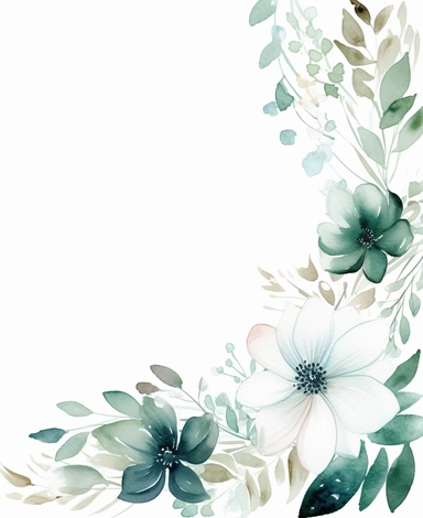 rectangle floral frame, thin border, green flowers and leaves, minimal with white space in middle, clipart, watercolor flowers, hand drawn, white background, clipart,