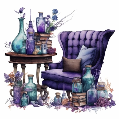 magical style wizard's magic resting corner with watercolor effect,suitable for digital clipart,magic tools,wizard's sofa,coffee table.potion bottles,gothic candles,white background,magical flowers,magical scene,fairy dark colours,green ,blue,purple,gothic details