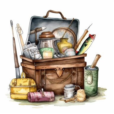 whimsical watercolour cute clip art fishing equipment