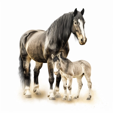 shire horse horse and foal in the style of digital airbrushing realistic yet stylized, digitally enhanced, clipart, 32k uhd, detailed crosshatching white background