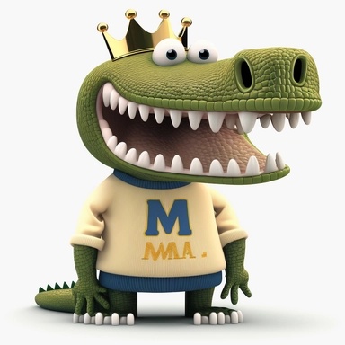 a fully standing smiling cartoon clipart alligator wearing a white turtle neck sweater with the letter M in the middle of the sweater-wearing a large gold crown on a white background