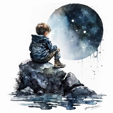 Litlle boy is sitting on a rock watching the moonlight, Moonlight Boy, splash , watercolor by Thomas W.Schalle, clipart, white background