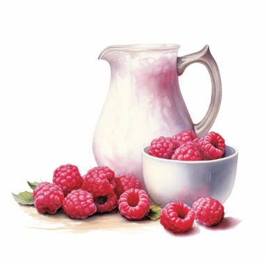 realistic high detailed watercolor raspberries and a jug of milk clipart, white background,