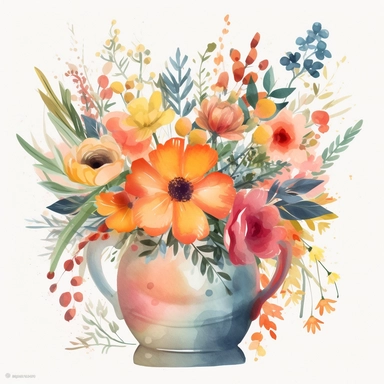 a clipart of watercolor vase of flowers, in the style of A variety of vibrant colors, flat yet expressive, pastoral charm, naturecore, embroidery, white background, png, vector