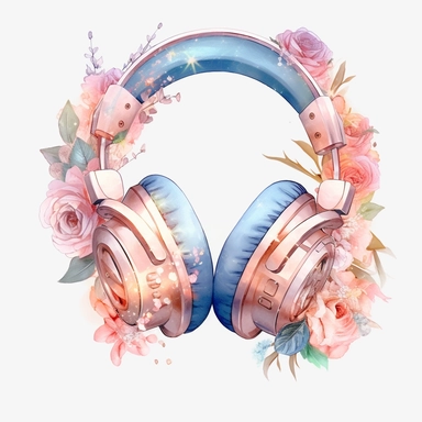 Watercolour rose gold and pastel detailed 3d gaming headset, surrounded by beautiful roses and Swarovski crystals and diamonds, svg clipart style, solid white background, clipart element, clipart style
