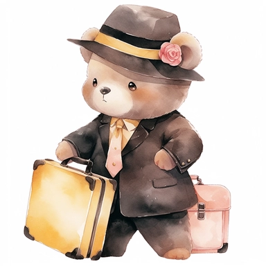 watercolor clipart painting of a cute baby bear spy wearing a yellow tuxedo suit and a yellow hat and a yellow briefcase, clipart