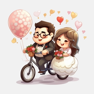 cute chubby wedding couple in cartoon, in chibi style, riding bicycle, bride carrying balloon, transparent background, clipart