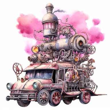 pink watercolor steampunk circus clown car, clipart, metallic, gears, iron pink gray black, 32k. highly detailed