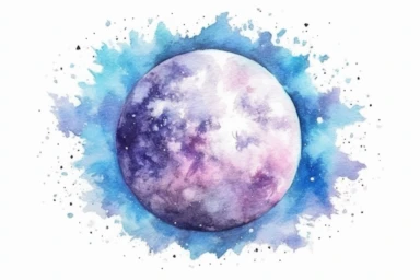 Watercolor, Create a satellite dwarf irregular galaxy, a small irregular galaxy orbiting a larger host galaxy clipart, hd, on a white background, spaced out