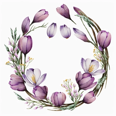 purple crocus flowers, watercolor, floral wreath, clipart design, white background, uplighted
