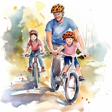 dad riding bikes with his family, clip art, watercolor style--q2--v5.1--s1000