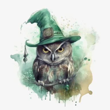 witch owl wearing a witch hat , in the style of mystic mechanisms ,pencil art illustrations, Isolated white background, reimagined by industrial light and magic, lith printing, illusory images, watercolor clipart, very subtle emerald tones, , ,