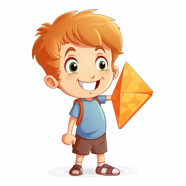 cartoon style, clipart, caucasian elementary school boy holding an orange trapezoid, smiling, white background