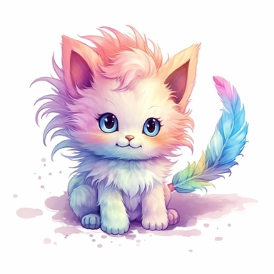A small kitten with a feather in its mouth.