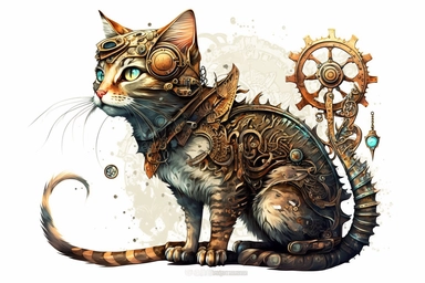 clipart, A beautiful cute cat with a steampunk-style mechanical fish in its paws, hd, on white background,