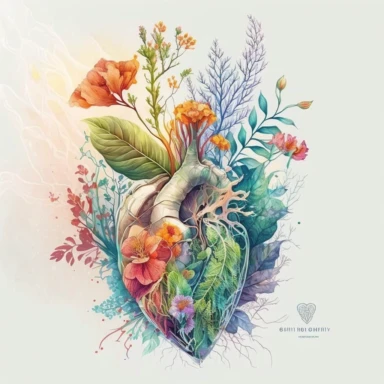Generate a beautiful digital watercolor clipart illustrating flowers growing from a human heart, replacing the traditional vase. The art should evoke a sense of spring, with a variety of flowers in vibrant, spring-like colors. The heart from which the flowers grow should be detailed and realistic, adding a touch of whimsy and symbolism to the piece. The flowers should bloom from the realistic heart, they should bloom and be beautiful.