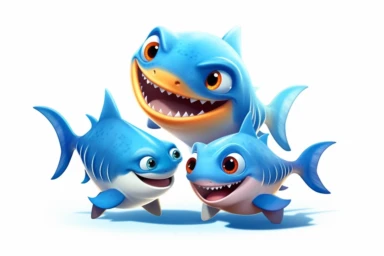 cute baby shark playing with siblings, Clipart, On White Background, Spaced out
