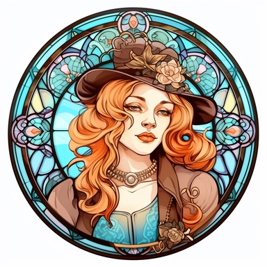 Vintage Cute Beautiful Round Stained Glass girl Sublimation Clipart, Cartoon, hyper realistic, intricate detail, illustration style, high solution, on the white background