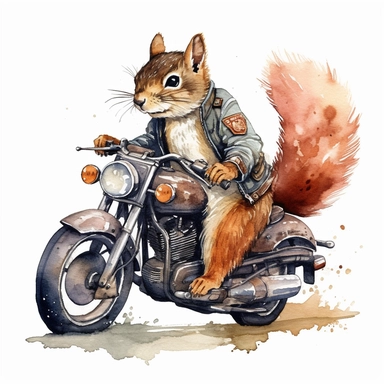 squirrel riding on harley davidson, motorcycle gang outfit, handpainted,watercolor, vector, clipart, clean white background