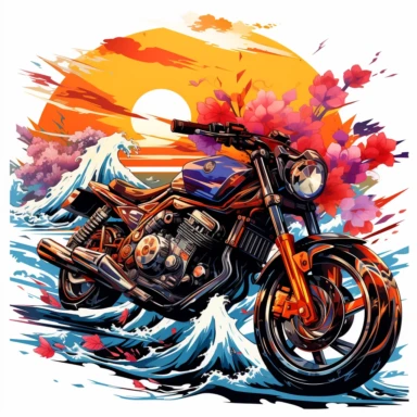 Abstract graffiti artwork depicting a motorcycle, in a street art style, with vibrant colors and bold lines in digital painting style , beautiful flowers, sunrise mountains and clouds , big sea waves, water splashes, white background, colorful fantasy flower sorround, highly detailed clean, vector image, photorealistic masterpiece, professional photography, realistic, flat white background, isometric, vibrant vector, clipart, illustration, realism, 4k, , cinematic, front view, white background