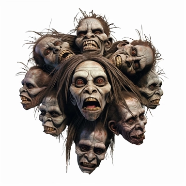 several voodoo shrunken heads tied together by their hairs in a circular formation, calm expression, shrivelled skin, pastel, photorealistic, hyper realistic, ultra high-detail, dark outlines, white background, clipart,