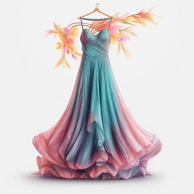panoramic view, full view, beautiful flowing tropical party dress in vibrant colors on ornate hanger, shabby chic, elegant, ethereal, romantic, fantasy, high detail, shabby chic, sharp focus, 8k, illustration sketch, clipart style, transparent background