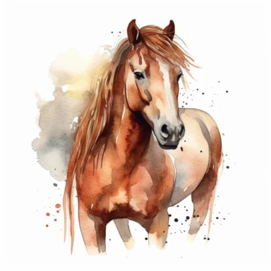 drawn illustration of adorable mustang horse clipart, digital art, HD, white background, watercolor, clean line art