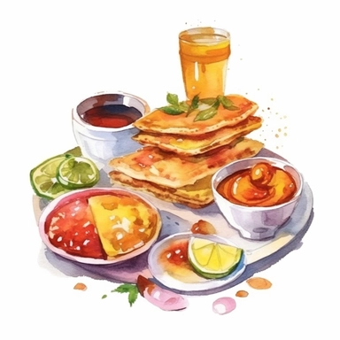 watercolor clipart illustration on a white background of Indian Cuisine: Depictions of traditional Indian wedding foods, such as biryani, samosas, or sweets like jalebis.