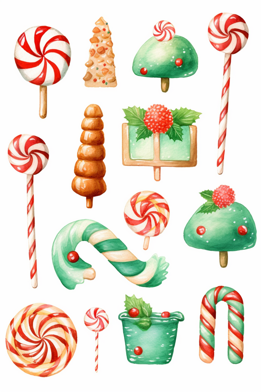 watercolour of a variety of Christmas Candies and cookies. Red and ...