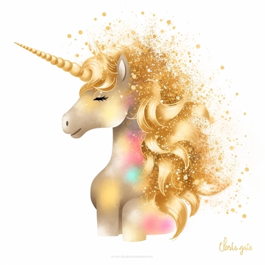 one gold glitter unicorn clipart with a rainbow an fluffy gold clouds,, white background
