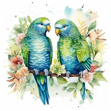 watercolor clipart, two green Budgerigar Parrots in love with tropical gardens, sweet hearts around, watercolor sublimation design, Sublimation Clipart, hyper realistic, intricate detail, illustration style, isolated on white background for removing background, Super-Resolution, Megapixel